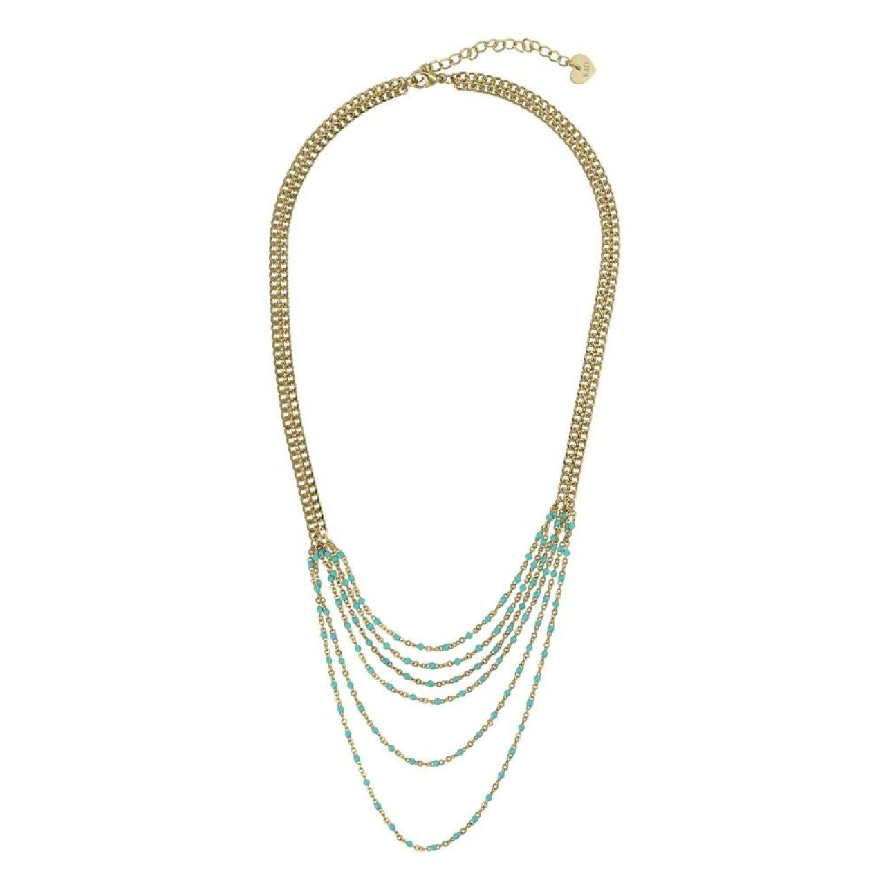 Elegant flat chain with 6 lower layers embellished with tiny turquoise stones. Lobster claw fastening.