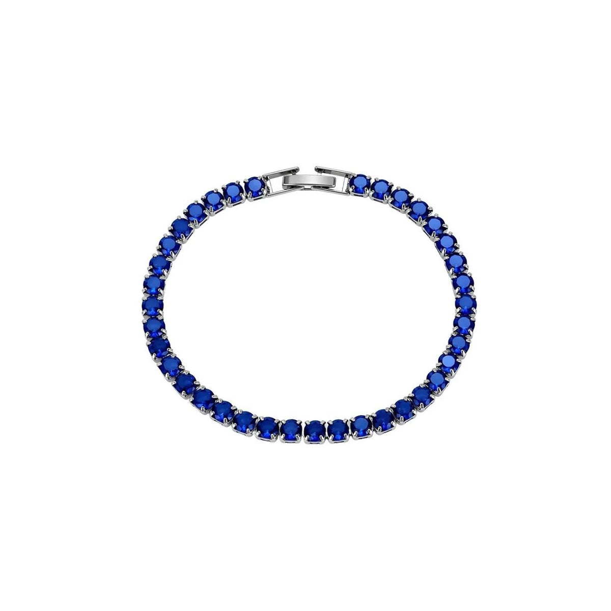 Beautiful tennis bracelet featuring 4mm sapphire cubic zirconia stones set in rhodium-plated silver. The secure fold-over clasp ensures a comfortable, reliable fit for everyday wear or special occasions. A timeless piece that catches the light with elegant sparkle.