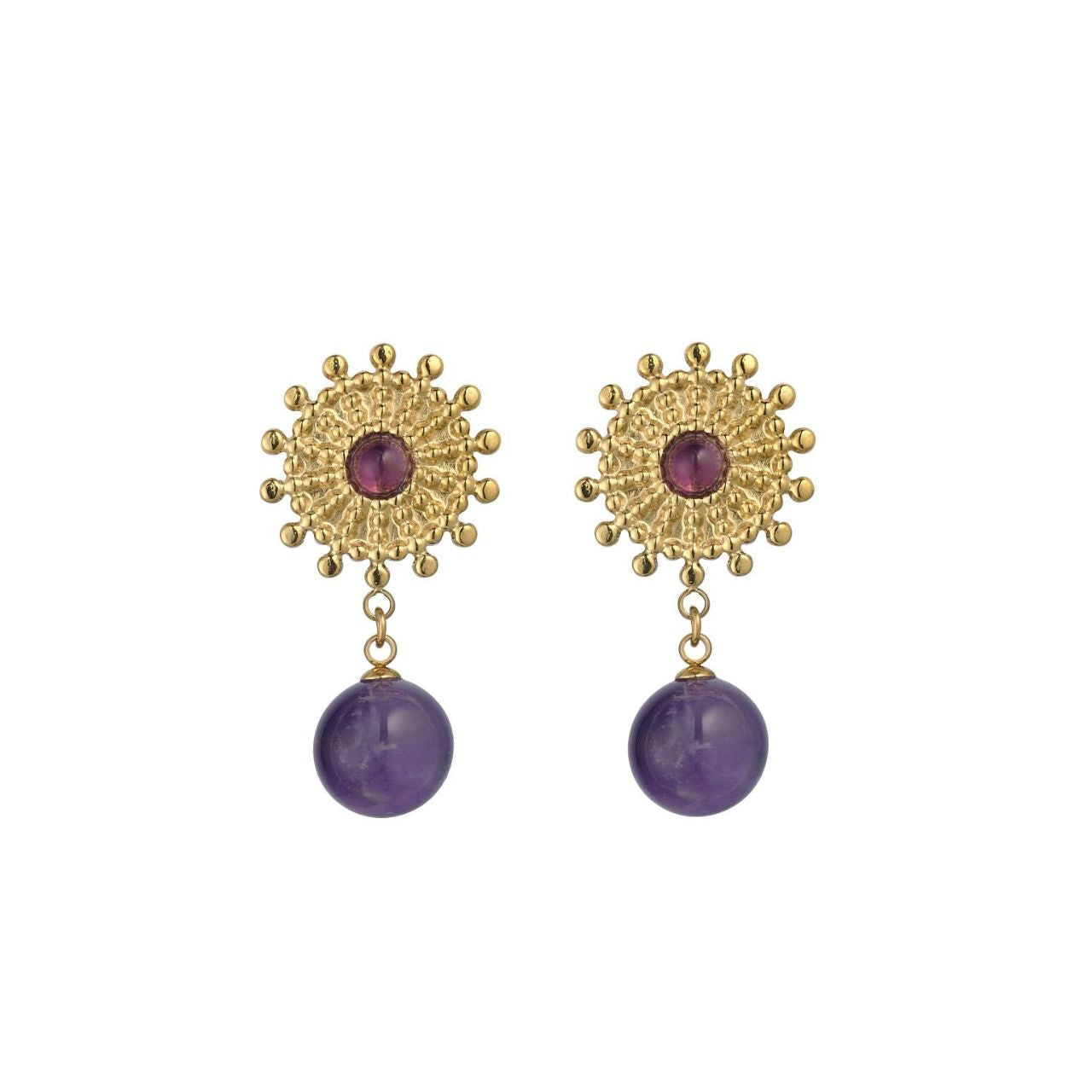 Expertly handcrafted by Knight & Day, these Semi Precious Amethyst Stone Earrings are a stunning addition to any jewellery collection. The unique amethyst stones offer a touch of elegance and timeless beauty, making them the perfect accessory for any formal or casual occasion. Elevate your style with these exquisite earrings.