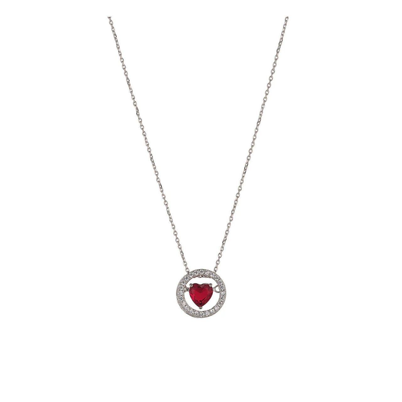 Beautiful siam red heart suspended on axis within crystal encrusted ring.