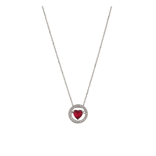 Beautiful siam red heart suspended on axis within crystal encrusted ring.