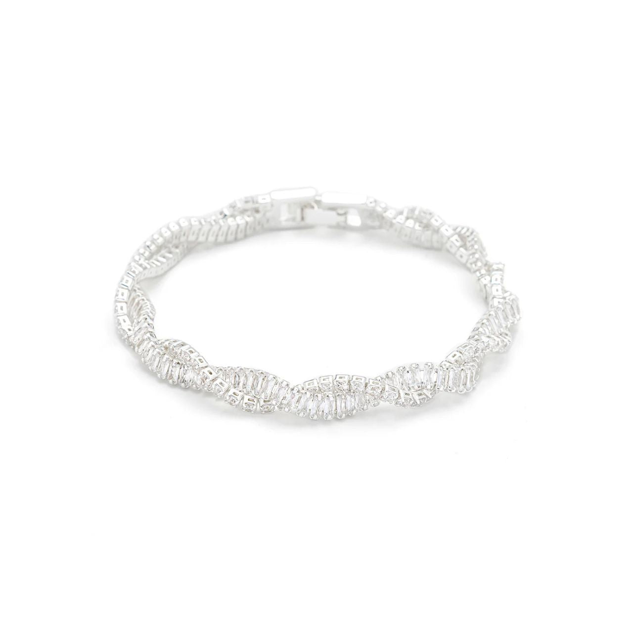 Two strands of CZ stones interwoven to form a beautiful crystal bracelet. Fold over clip fastening. Silver plating.