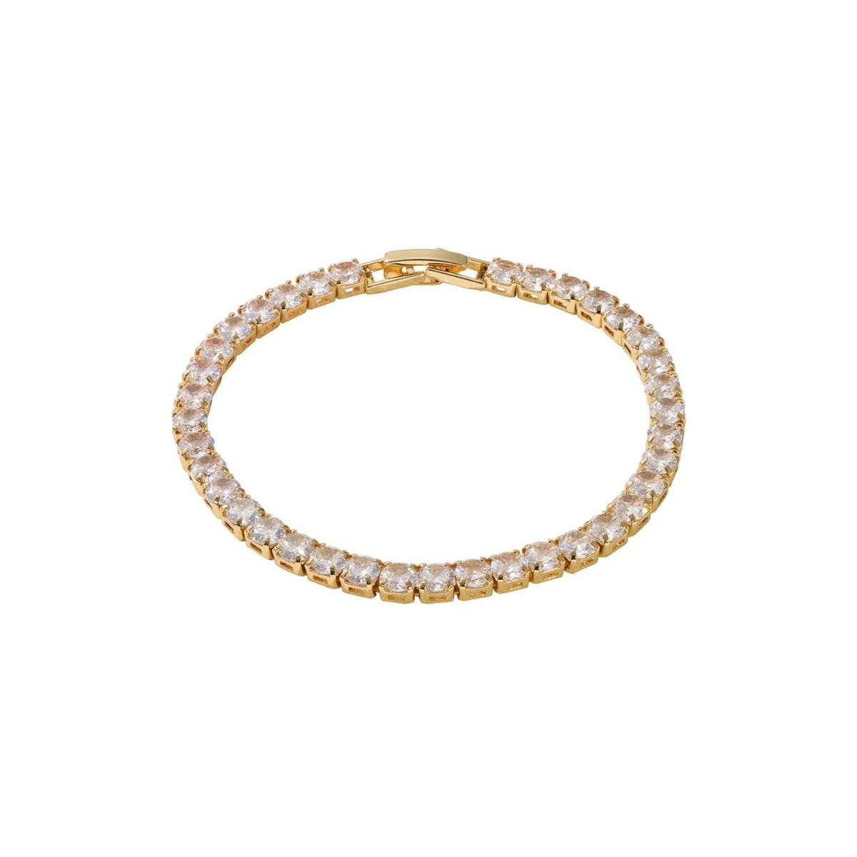 Elegant tennis bracelet featuring a continuous line of sparkling 4mm cubic zirconia stones set in warm gold plating. The classic design offers timeless sophistication for everyday wear or special occasions.