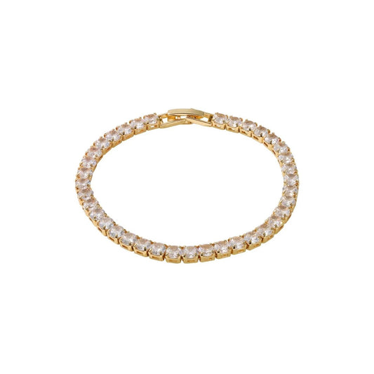 Elegant tennis bracelet featuring a continuous line of sparkling 4mm cubic zirconia stones set in warm gold plating. The classic design offers timeless sophistication for everyday wear or special occasions.