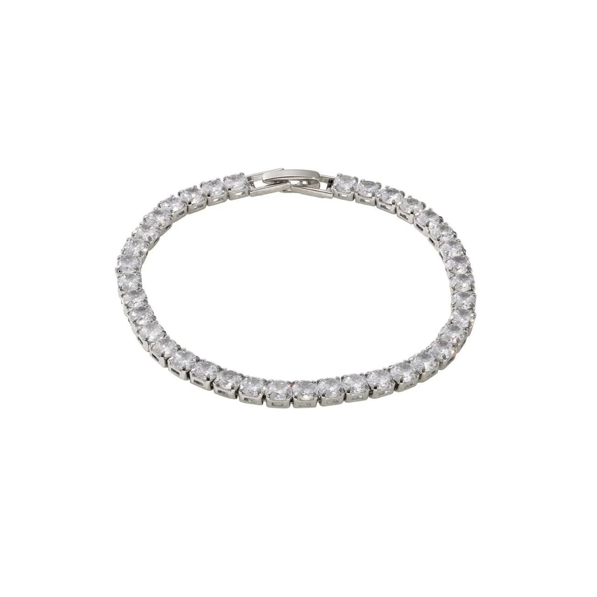 Elegant tennis bracelet by Knight & Day, featuring a continuous line of sparkling 4mm cubic zirconia stones. The rhodium-plated design offers a luxurious silver-tone finish that resists tarnishing, while the secure fold-over clasp ensures your bracelet stays perfectly in place.