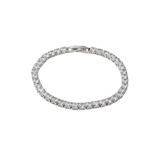 Elegant tennis bracelet by Knight & Day, featuring a continuous line of sparkling 4mm cubic zirconia stones. The rhodium-plated design offers a luxurious silver-tone finish that resists tarnishing, while the secure fold-over clasp ensures your bracelet stays perfectly in place.