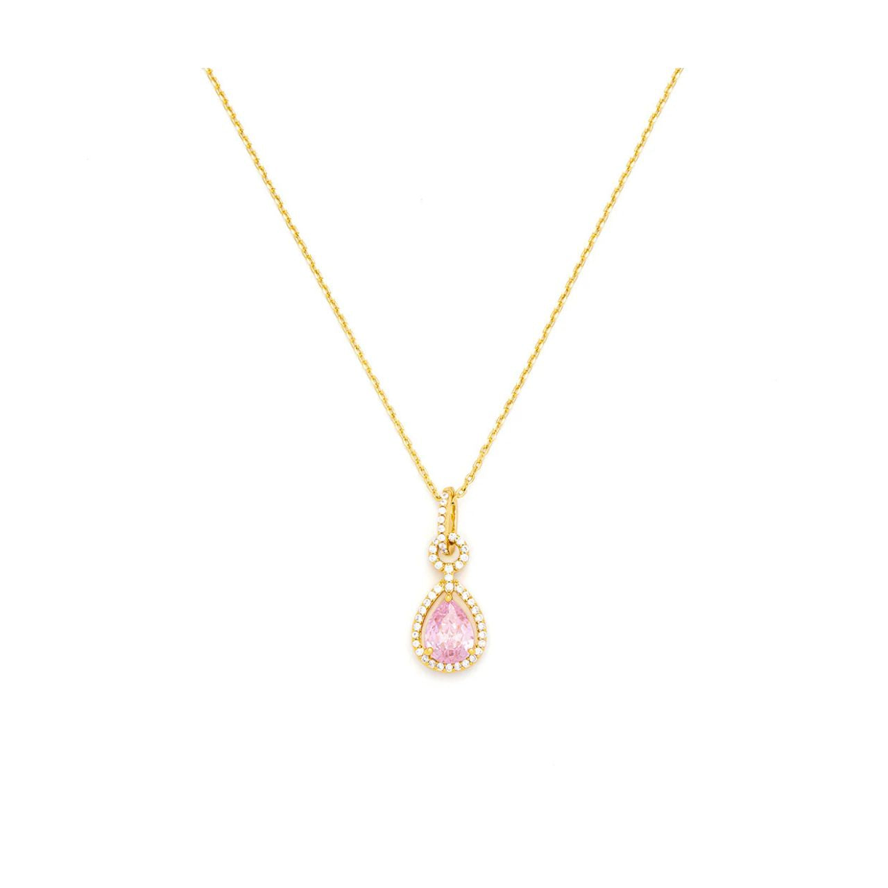 Miniature "Rose Crystal" teardrop embellished with tiny clear CZ stones. 18K gold plating. Length 16" + 2" extension.