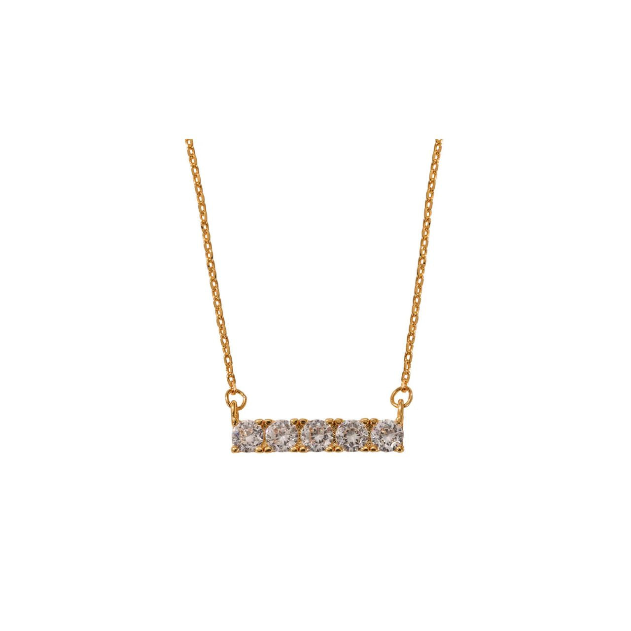 Beautiful crystal bar encrusted with 5 CZ stones. Length 16" + 2" extension. 18k gold plated.