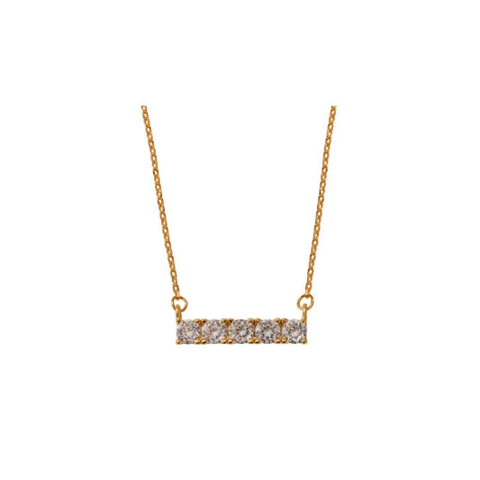 Beautiful crystal bar encrusted with 5 CZ stones. Length 16" + 2" extension. 18k gold plated.