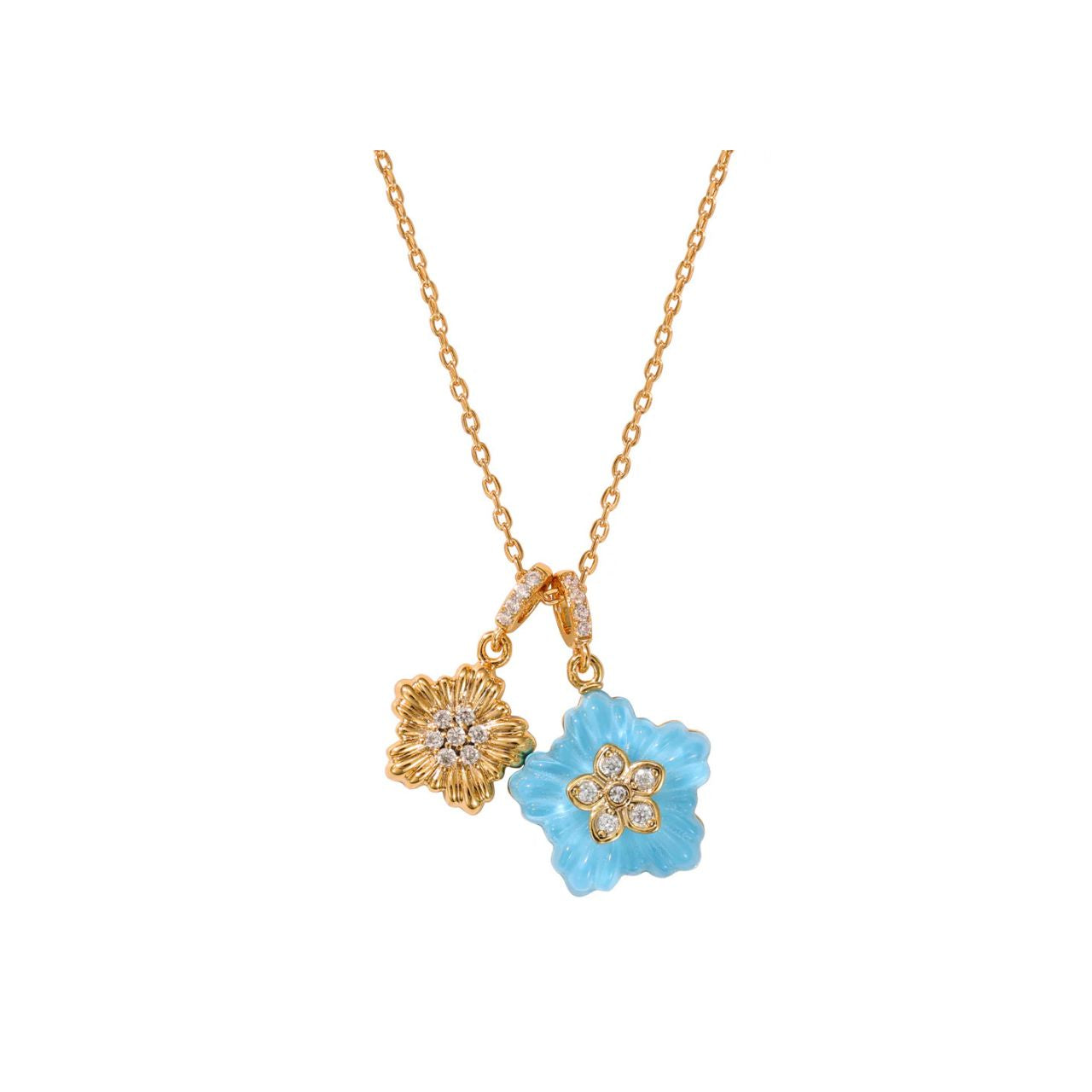 Pretty & delicate, this pendant combines turquoise & crystal floral charms. Length 40 + 5cm extension. 18k gold plated.