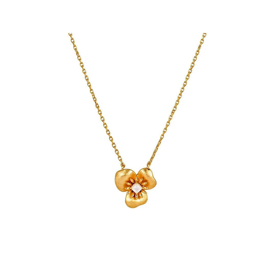 A beautiful floral shaped drop necklace featuring a luminous mother of pearl centrepiece, creating an elegant and feminine finish. Finished in 18 carat gold plating, this delicate necklace adds a touch of timeless sophistication to any look and can be beautifully paired with The Pink Box Floral Earrings