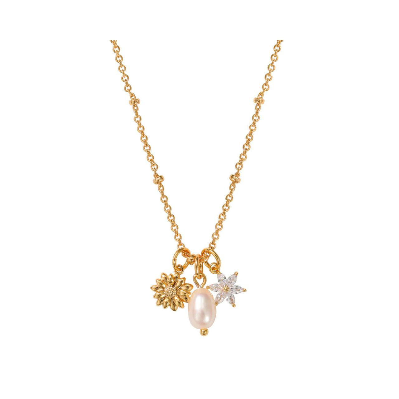 Pretty & delicate - this pendant combines freshwater pearl, crystal & gold floral shape drops. Length 40 + 5cm extension. 18k gold plated.