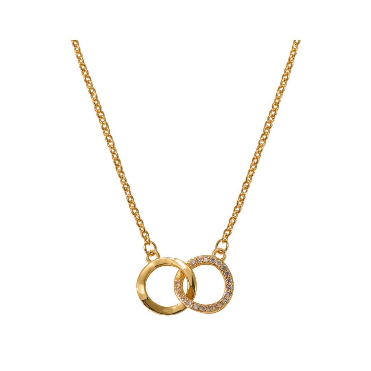 Miniature interlinking circles embellished with CZ stones. Length 16" + 2" extension. 18k gold plated.