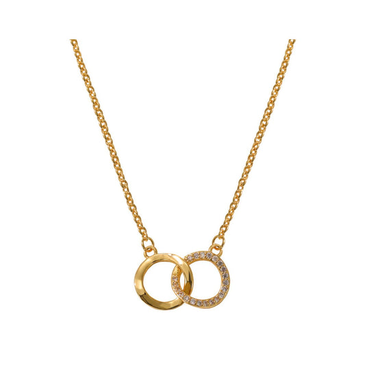 Miniature interlinking circles embellished with CZ stones. Length 16" + 2" extension. 18k gold plated.