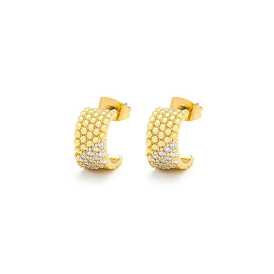 Miniature hoops embellished with CZ stones. Post fastening. 18K gold plating.
