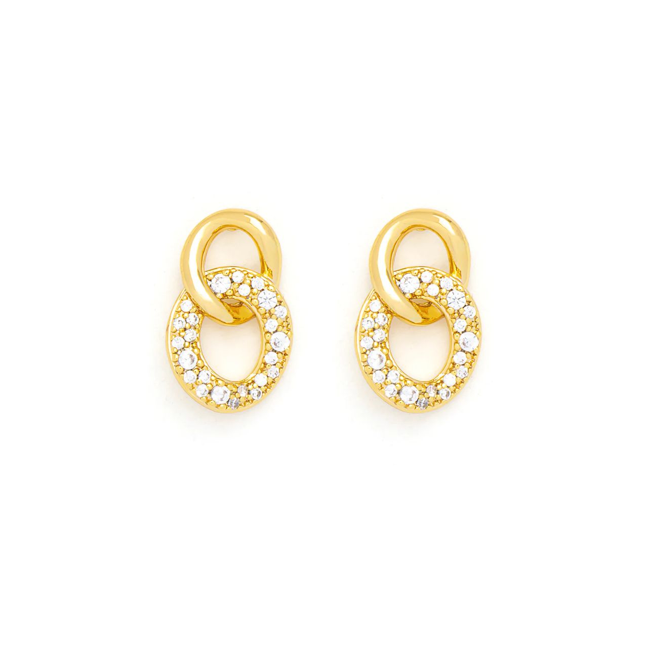 Miniature interlinking drops with CZ sparkle and 18K gold plating. Post fastening.