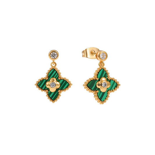 Pretty malachite style earrings embellished with crystal. Post fastening. 18k gold plated.