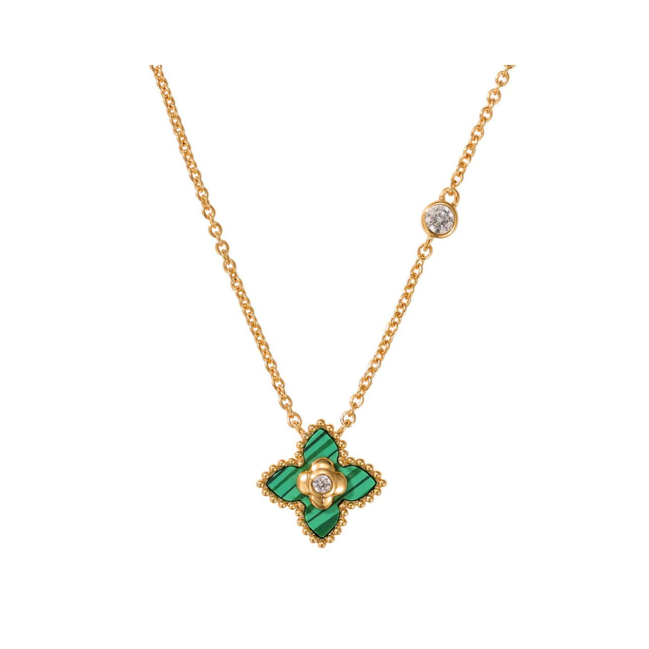 Delicate & pretty necklace with malachite style drop embellished with crystal. Length 40 + 5cm extension. 18k gold plated.