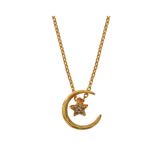 Moon & stars design pendant embellished with CZ stones. Length 16" + 2" extension. 18k gold plated.