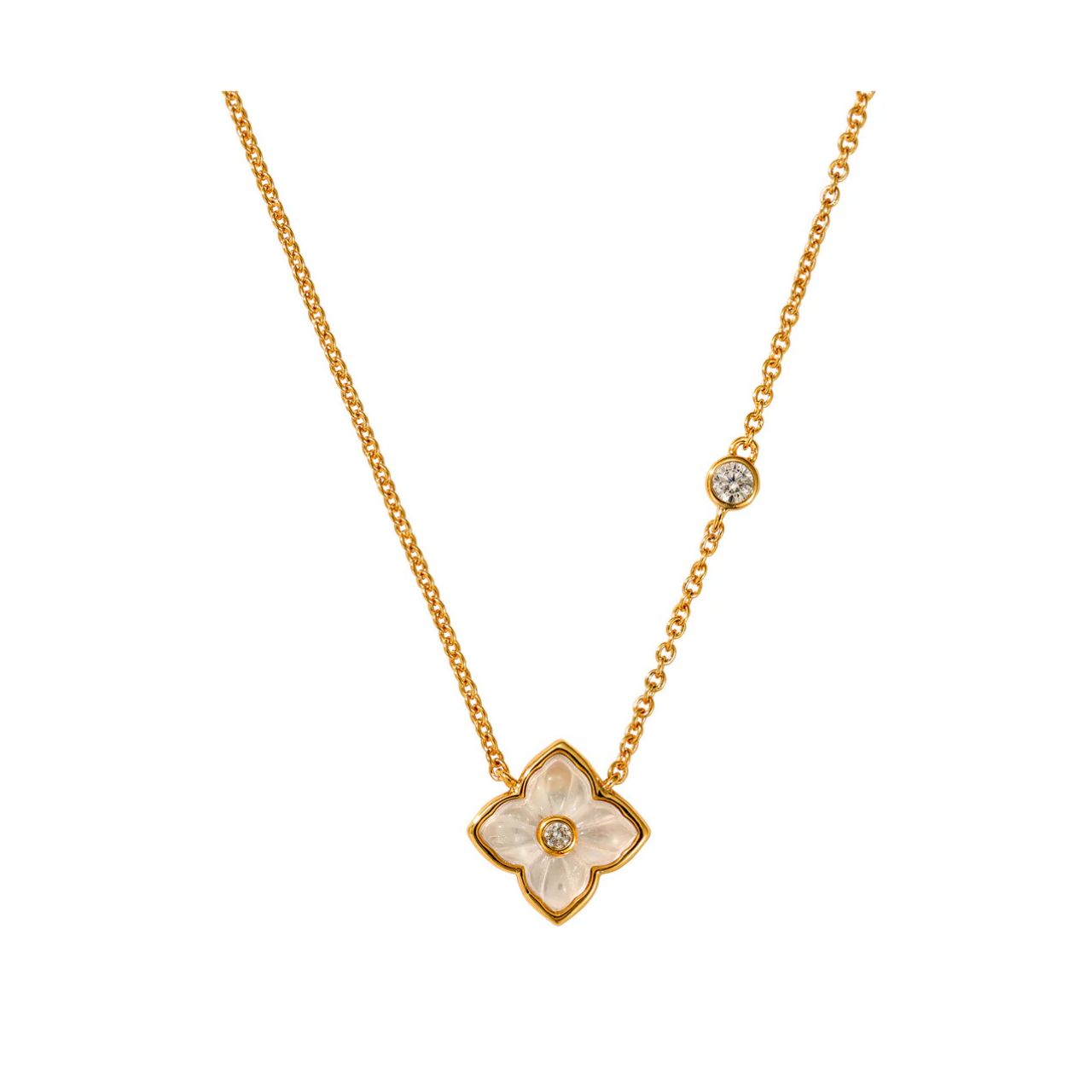 Delicate & pretty necklace with Mother of Pearl floral drop embellished with crystal. Length 40 + 5cm extension. 18k gold plated.