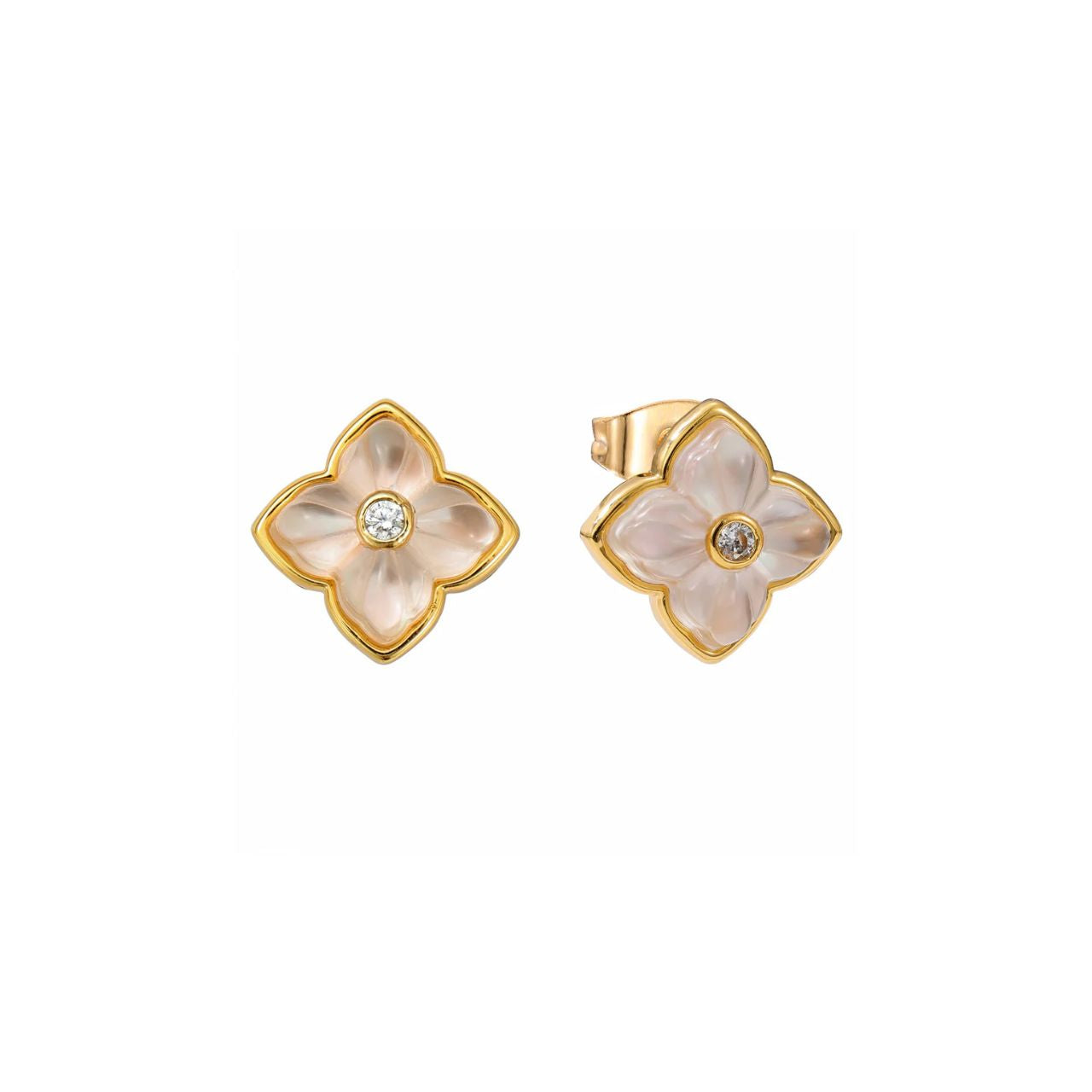 Pretty Mother of Pearl floral studs embellished with crystal. Post fastening. 18k gold plated.