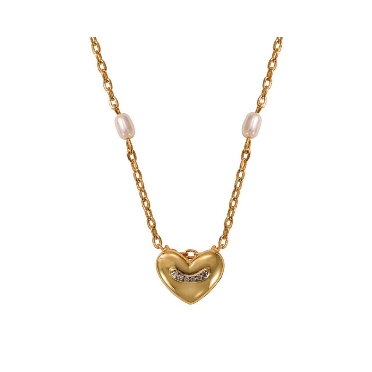 Pretty & delicate pearl & heart necklace with 10 high quality glass tiny pearls. Length 16" + 2" extension. 18k gold plated.