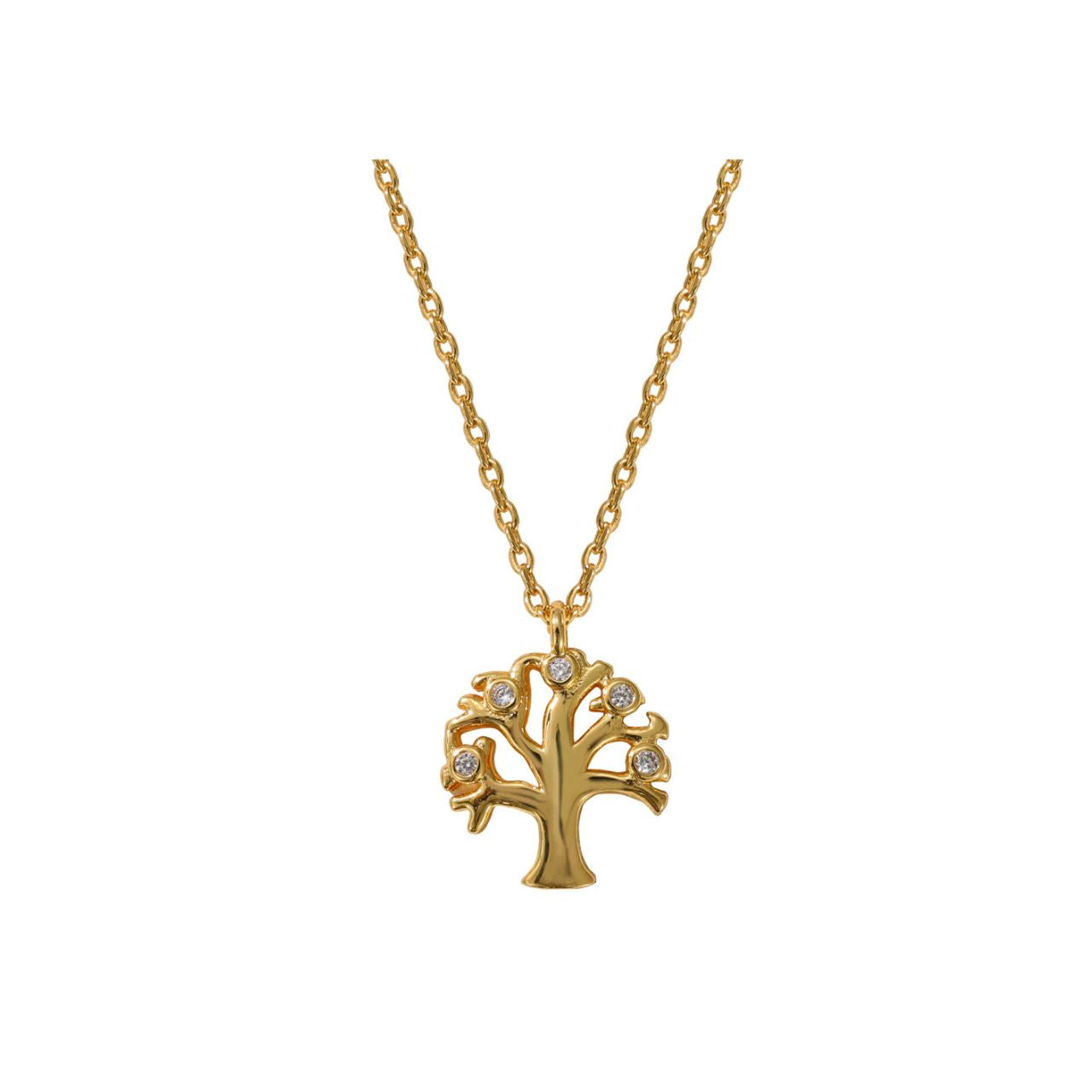 Beautiful Tree of Life pendant embellished with CZ stones. Length 16" + 2" extension. 18k gold plated.