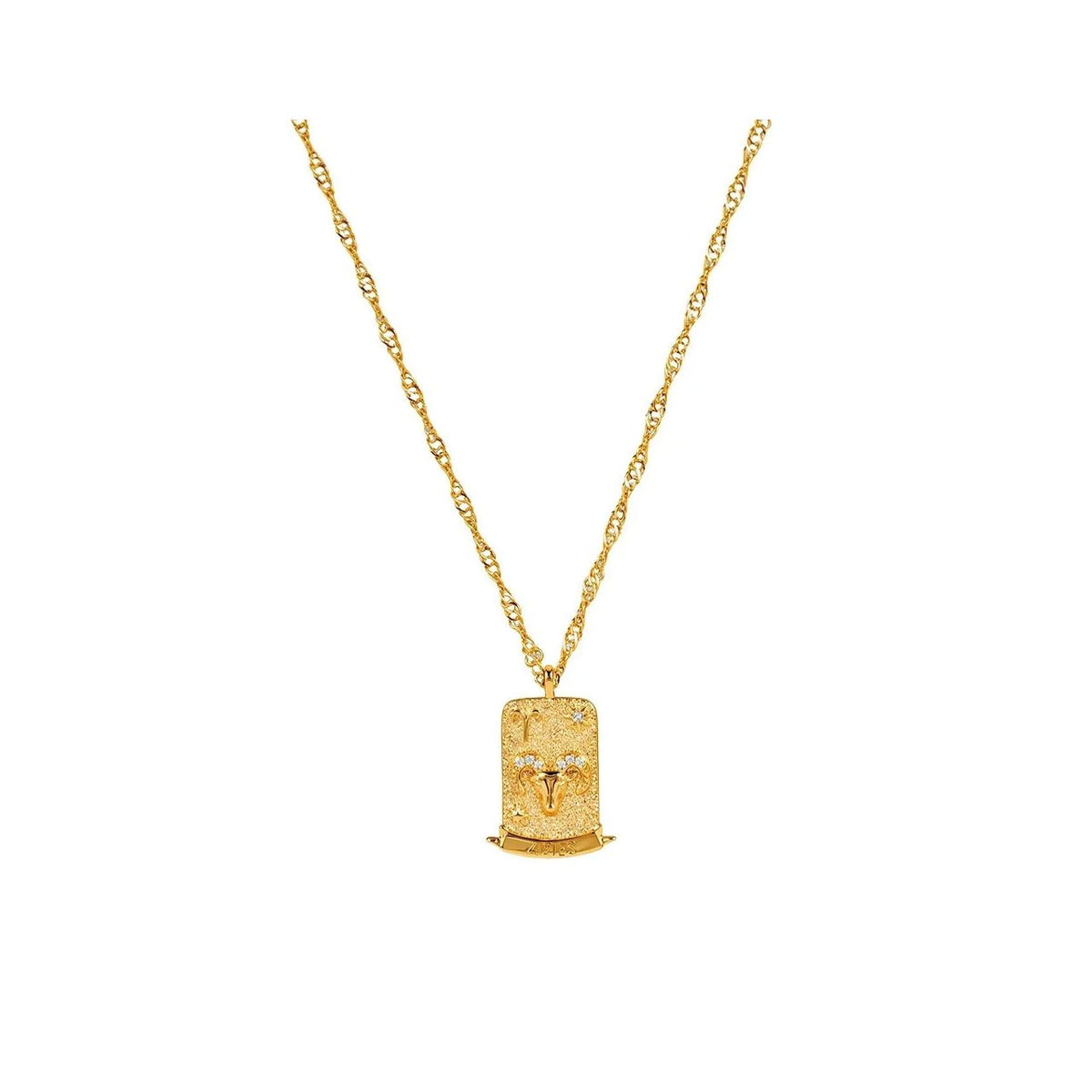 Aries Zodiac Pendant – 18K Gold Plated. Celebrate the bold and adventurous spirit of Aries, born between March 21st and April 19th, with this striking zodiac pendant.