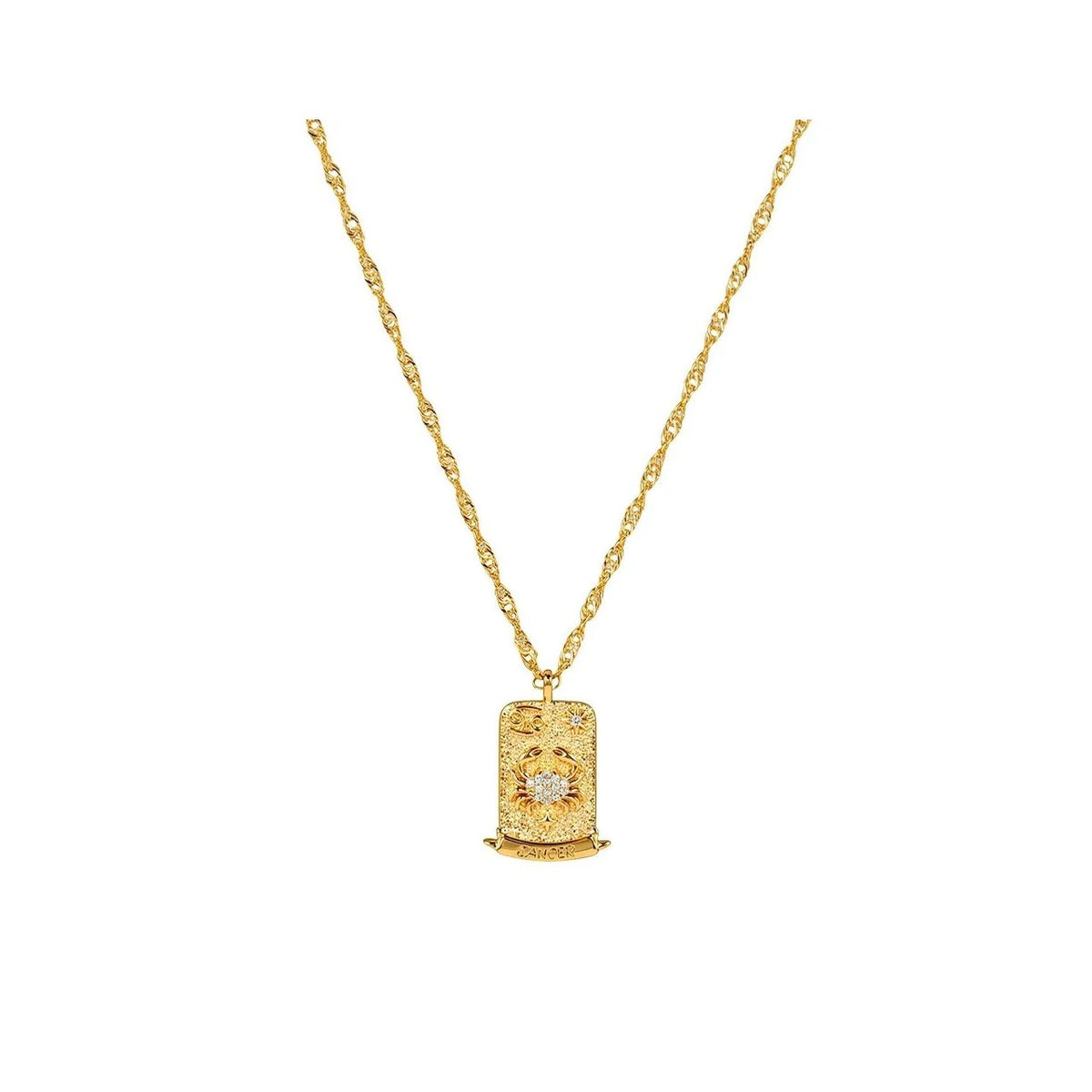 Cancer Zodiac Pendant – 18K Gold Plated. Celebrate the sentimental, charming and deeply loyal nature of Cancer, born between June 21st and July 22nd, with this beautiful zodiac pendant. Featuring the iconic Crab symbol, this pendant reflects the warm and charismatic personality of Cancer.