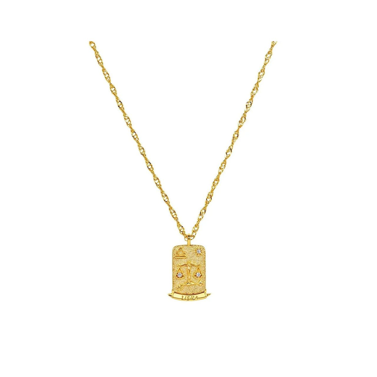 Libra Zodiac Pendant – 18K Gold Plated. Celebrate the graceful, sociable and harmonious spirit of Libra, born between September 23rd and October 22nd, with this elegant zodiac pendant.