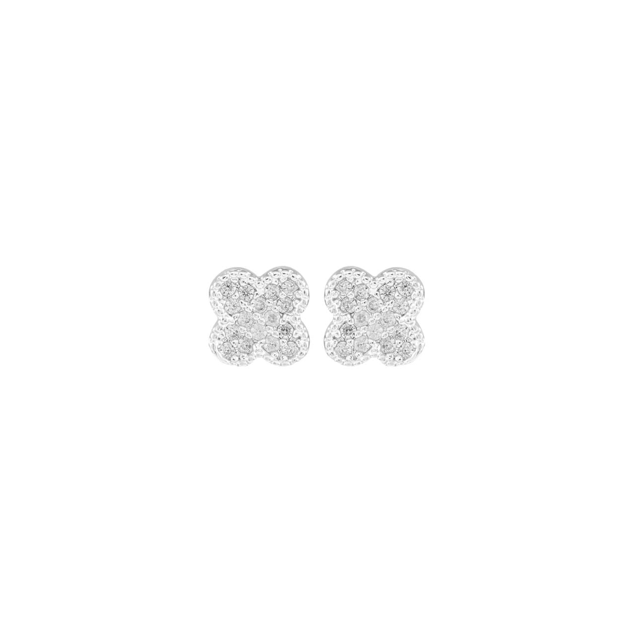 Tiny clover shape embellished with CZ stones. Post fastening. Silver plating.