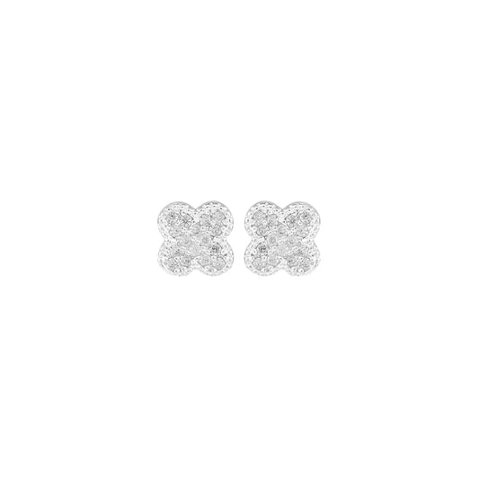 Tiny clover shape embellished with CZ stones. Post fastening. Silver plating.