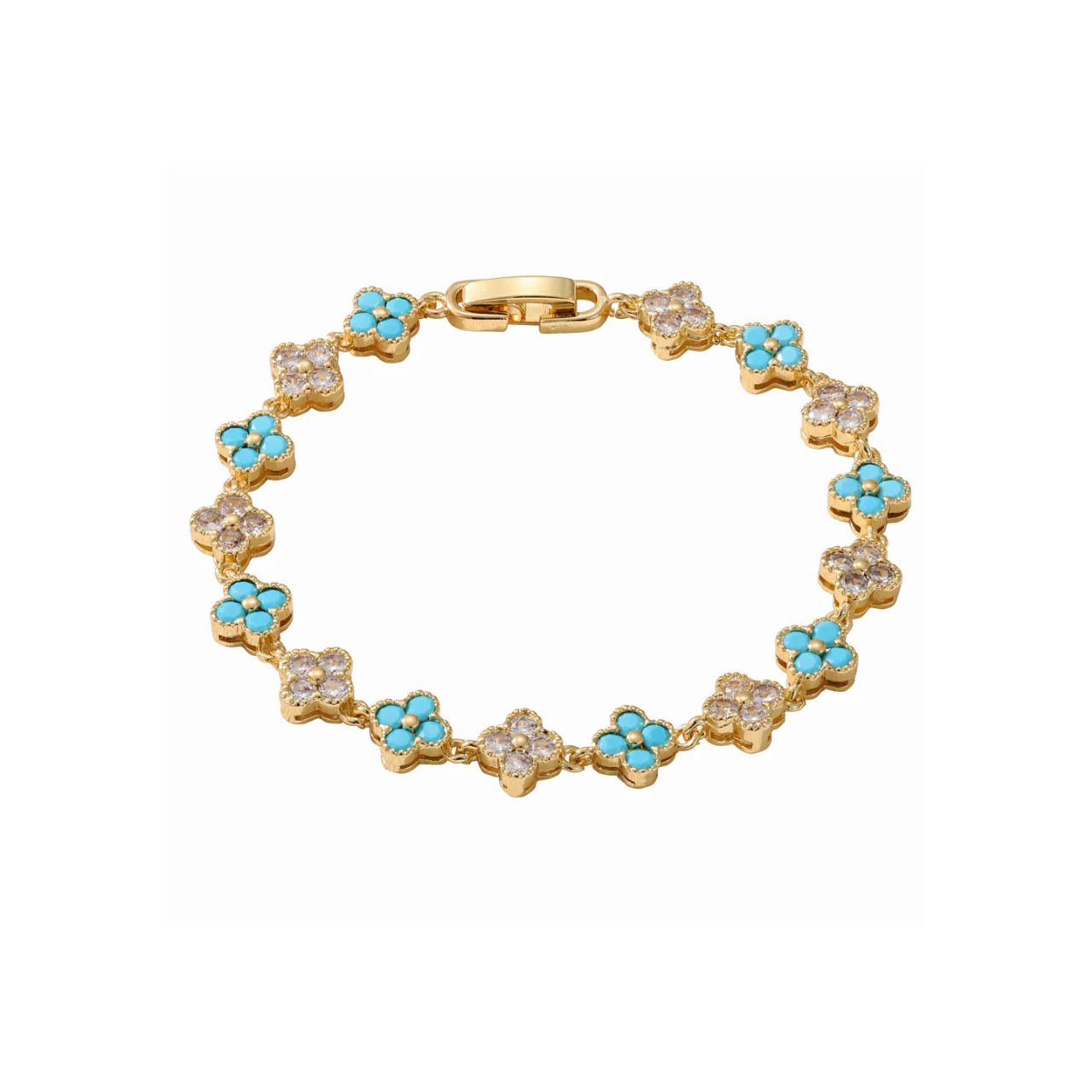 Pretty turquoise & crystal clover bracelet with fold over clip fastening.