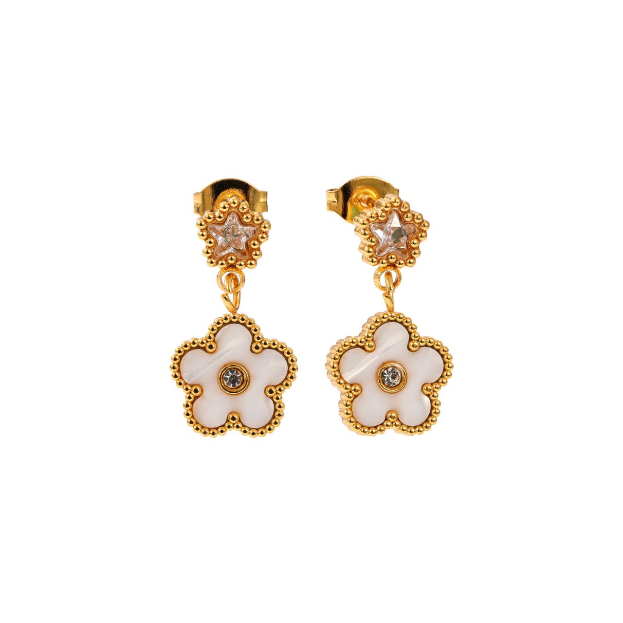 White & crystal clover earrings with post fastening.