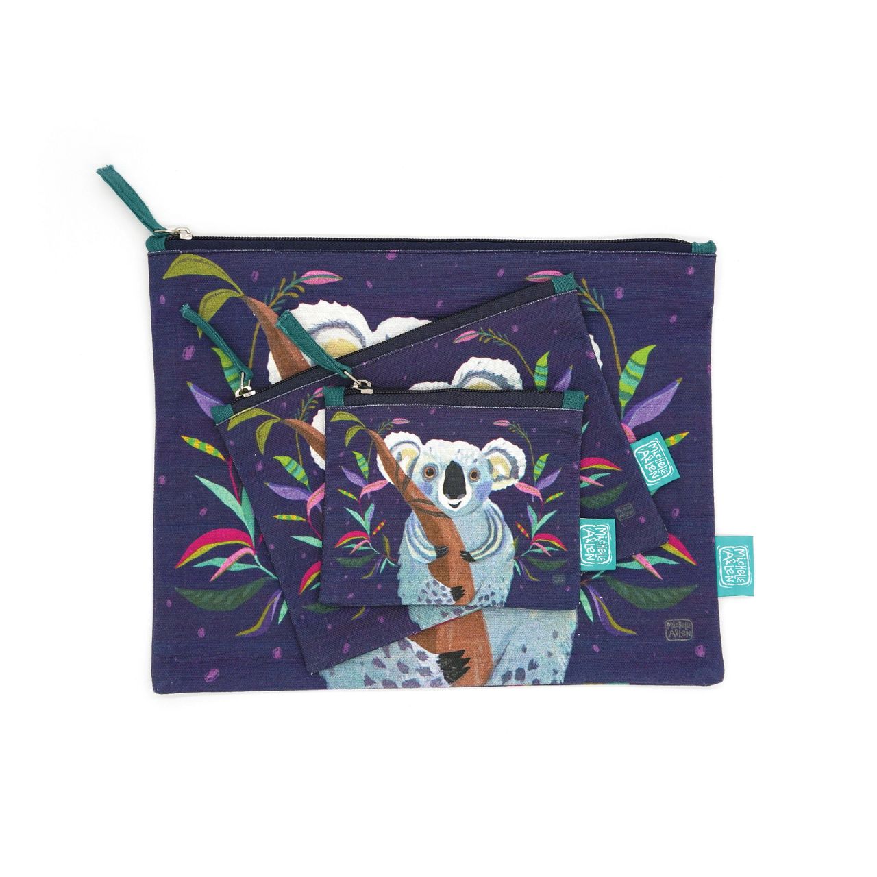 Michelle Allen Koala Zipped Pouch Medium  These beautiful zippered 100% Cotton pouches are perfect for pencils/pens, trinkets, charging cords, make up or pretty much anything you can possibly think of. Exclusively designed by Michelle Allen.