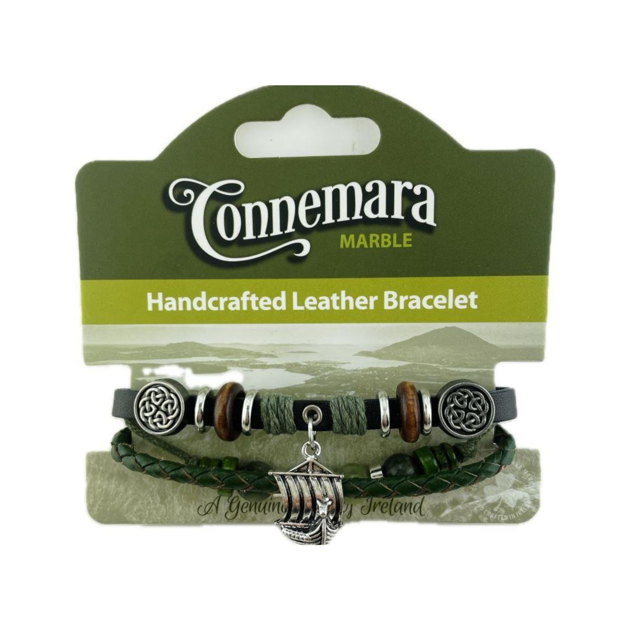 This Connemara Marble bracelet combines genuine leather with authentic Connemara marble, creating a unique accessory that reflects Ireland’s natural beauty. Featuring a detailed Viking ship charm, it evokes a rich heritage and adventurous spirit.