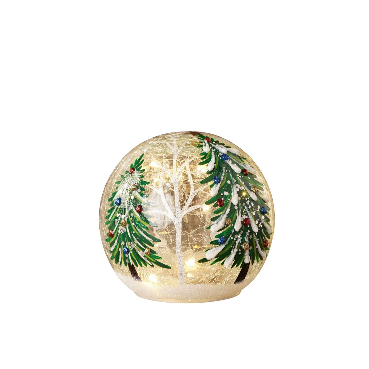 The LED Crackle Glass Light with Christmas Tree Design (Includes Try Me Button) adds a playful touch to classic Christmas lighting. Featuring a snowy winter scene with a bare tree and snow-covered evergreens adorned with ornaments, it glows softly, highlighting the crackle glass texture and festive details.