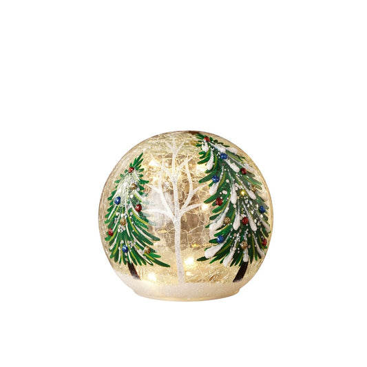 The LED Crackle Glass Light with Christmas Tree Design (Includes Try Me Button) adds a playful touch to classic Christmas lighting. Featuring a snowy winter scene with a bare tree and snow-covered evergreens adorned with ornaments, it glows softly, highlighting the crackle glass texture and festive details.