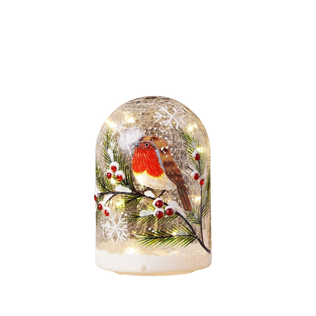 The Regal Tidings LED Domed Light Crackle Glass Robin Design (Includes try me button) brings a classic touch to festive décor.