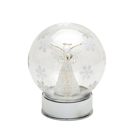 LED Glass Ball with Christmas Angel  Light up your holiday season with this LED Glass Ball with Angel. A unique Christmas decoration, this beautiful angel is crafted from frosted glass and designed to illuminate your space with a warm, gentle light. Enjoy the combination of style and function with this eye-catching addition to your home.