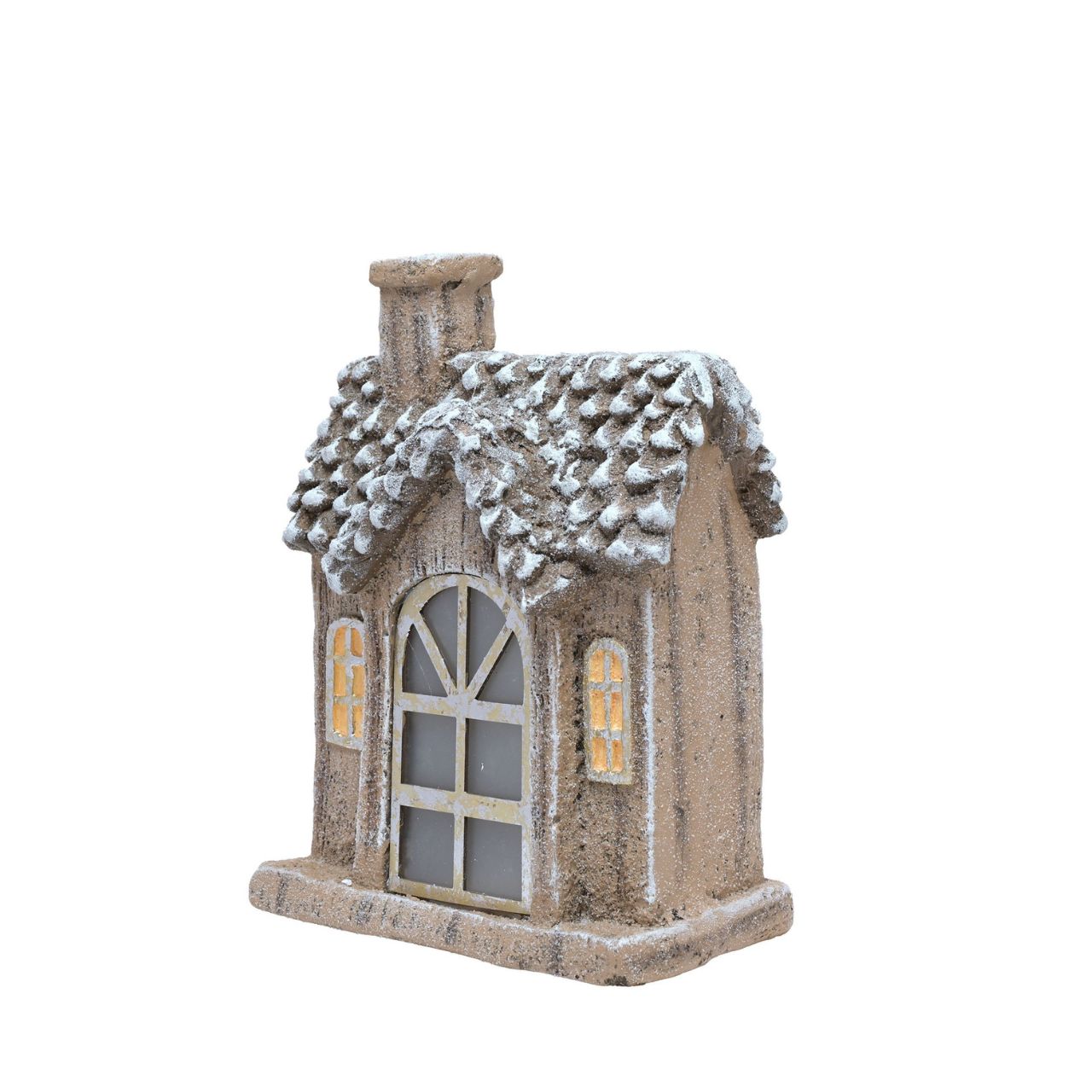 Home sweet home. An LED Light Up House Shaped Ornament. Lovingly crafted from durable resin in a brown colour palette, this single storey detached home features a welcoming gold colour front door, arched window frames, and a chimney stack.