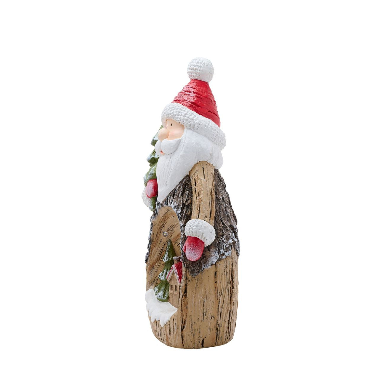 Made from wood with a stunning design of a jolly Santa above a winter wonderland scene of log cabins, snowfall, and Christmas tree. This is complemented by the illumination that adds a magical quality to it.