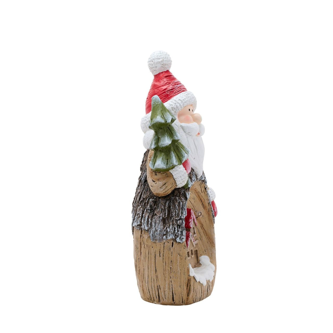 Made from wood with a stunning design of a jolly Santa above a winter wonderland scene of log cabins, snowfall, and Christmas tree. This is complemented by the illumination that adds a magical quality to it.