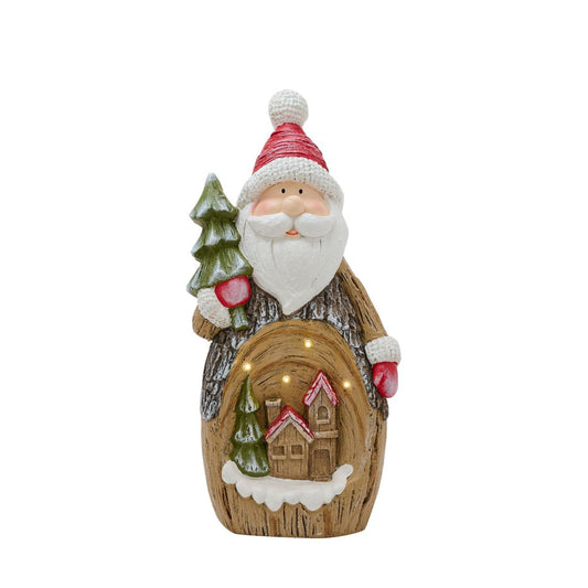Made from wood with a stunning design of a jolly Santa above a winter wonderland scene of log cabins, snowfall, and Christmas tree. This is complemented by the illumination that adds a magical quality to it.