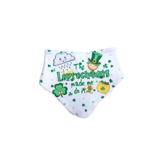 This playful white bandana bib features a whimsical leprechaun, a lucky four-leaf clover, and a pot of gold, along with the fun phrase, "The leprechauns made me do it."