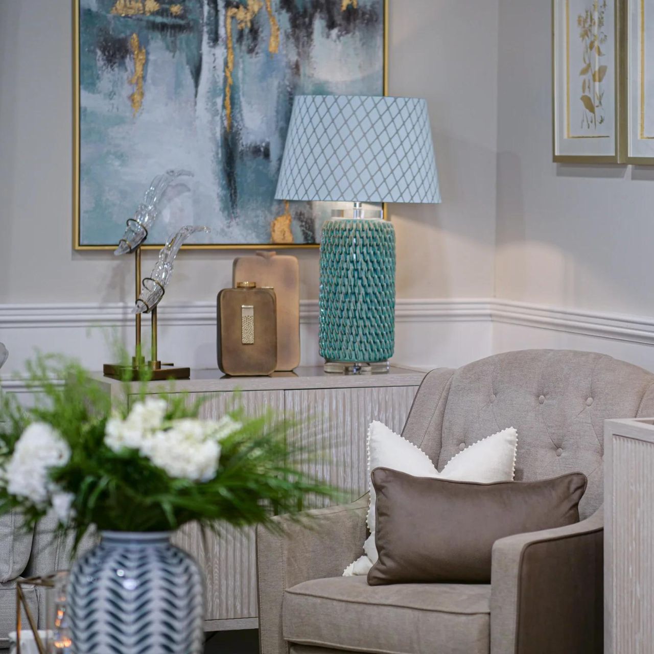 Mindy Brownes Ceramic Lexi Lamp. Aqua marine coral texture inspired lamp on a clear acrylic base with chrome detail. Ideal bedroom lamp, hall lamp or hotel lamp.
