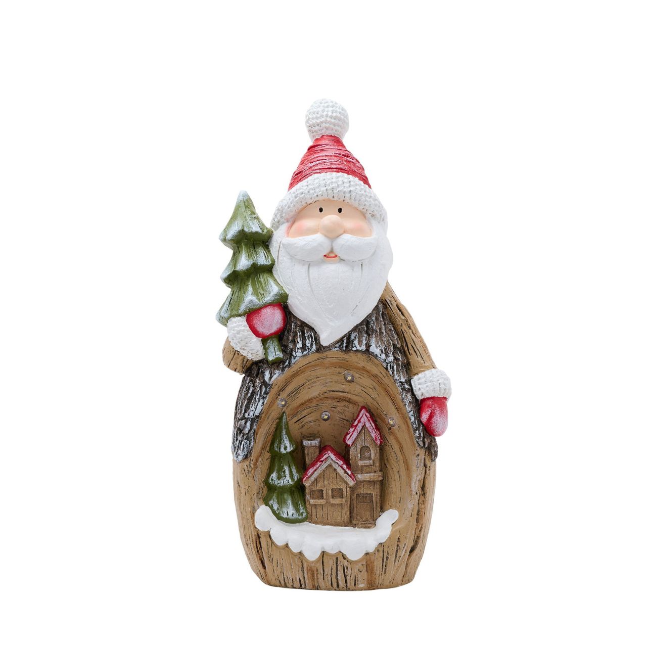 Made from wood with a stunning design of a jolly Santa above a winter wonderland scene of log cabins, snowfall, and Christmas tree. This is complemented by the illumination that adds a magical quality to it.