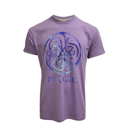Lilac Ireland Celtic Design cotton T-shirt is a relaxed fit and features a large multi coloured spiral pattern design.