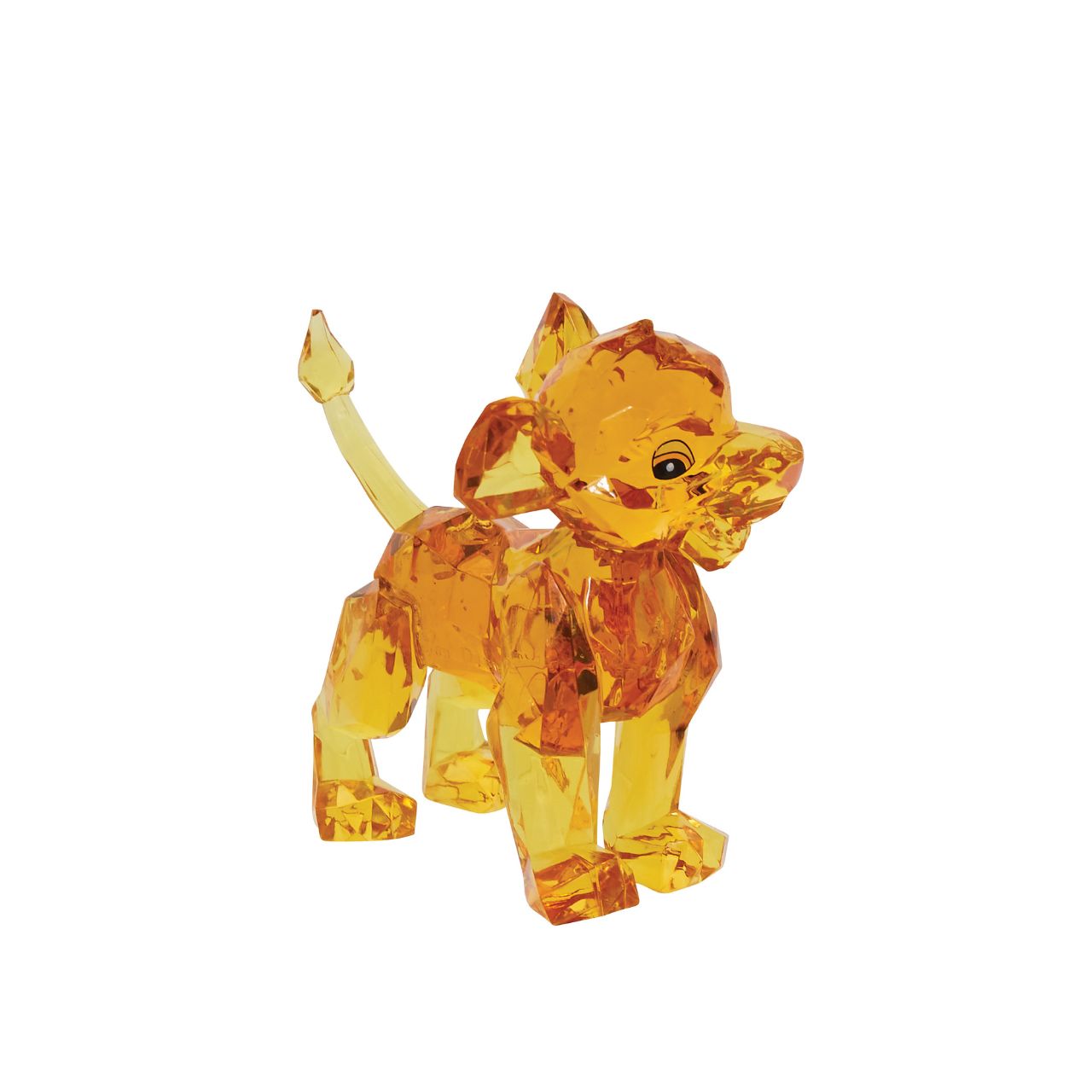The little cub makes his royal debut in the Licensed Facet Collection. This "gem cut" acrylic sculpture reflects the future King's pride in a sparkling yellow tone. This Simba figurine is perfect for any Lion King fan. Presented in a branded window gift box.