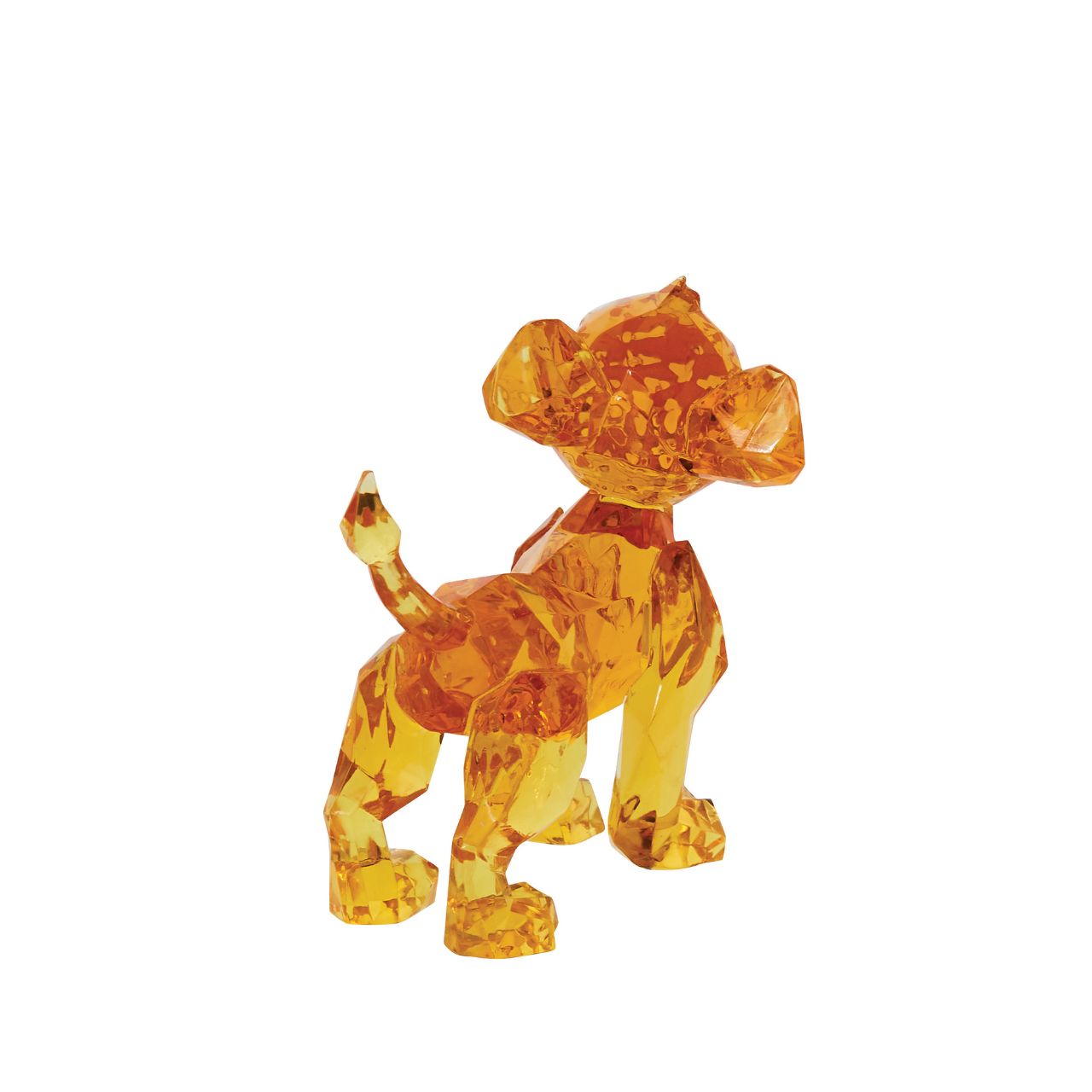 The little cub makes his royal debut in the Licensed Facet Collection. This "gem cut" acrylic sculpture reflects the future King's pride in a sparkling yellow tone. This Simba figurine is perfect for any Lion King fan. Presented in a branded window gift box.